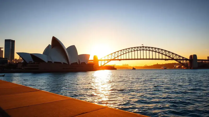 Sydney Opera House e Harbour Bridge ao pôr do sol, representando a Austrália
